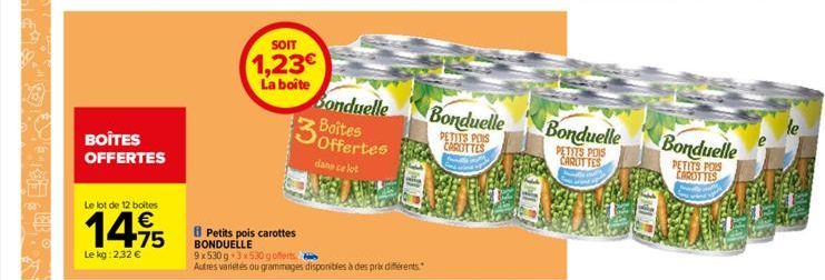 BOÎTES OFFERTES  Le lot de 12 boites  14,95  €  Le kg: 2,32 €  SOIT  1,23€  La boite  3  Bonduelle Boîtes  dans ce lot  Petits pois carottes BONDUELLE 9x530g 3x530g offerts  Autres varietés ou grammag