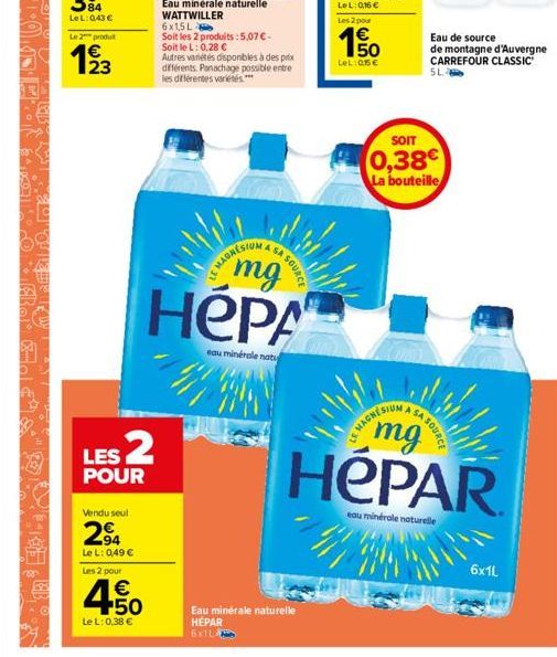 Le 2 produ  193  23  LES 2  POUR  Vendu seul  2⁹4  LeL: 0,49 €  Les 2 pour  €  450  LeL: 0,38 €  6x15L  Soit les 2 produits: 5,07 € - Soit le L: 0,28 €  Autres variétés disponibles à des prix différen