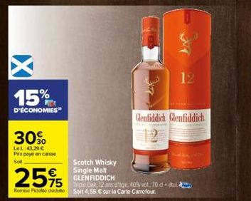 15%  D'ÉCONOMIES  30%O  Le L:43,29 € Prix payé en caisse Sot  Scotch Whisky  Single Malt GLENFIDDICH  75 Triple Oak, 12 ans d'age, 40% vol, 70 detu  Soit 4,55 € sur la Carte Carrefour.  25%  Remise Fi