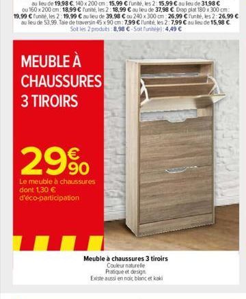 ou 160 x 200 cm: 18,99 € l'unité, les 2: 18,99 € au lieu de 37,98 €. Drap plat 180 x 300 cm: 19,99 € l'unité, les 2: 19,99 € au lieu de 39,98 € ou 240 x 300 cm 26,99 €unité, les 2:26,99 € au lieu de 5