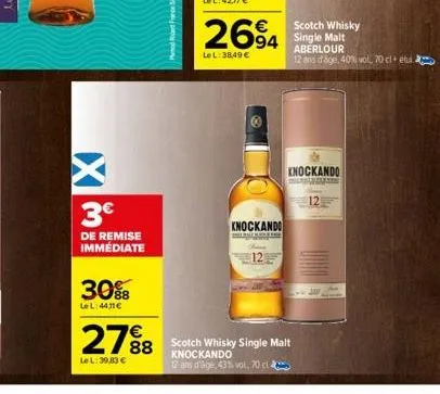 3€  de remise immediate  30%  lel:4411€  27%8  le l: 39,83 €  2694  lel: 38,49 €  knockando  scotch whisky single malt knockando  12 ans d'âge, 43% vol, 70 cl  knockando  12  scotch whisky single malt