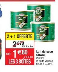 Crice  LAIT DE Coco  2+1 OFFERTE  2€70  4,50 € le litre  3€ 200 mi  soit 1€80 LES 3 BOÎTES la boite vendue  seule à 0,90 €  Crice  LAIT DE COCO  Grice  LAIT DE  Coco  FURU  Lait de coco GRACE  Pompe 