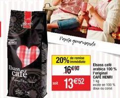 Elsass café  soit  20% immédiate  remise  16 € 90  13 €52  Pause gourmande  Elsass café  arabica 100%  l'original CAFÉ HENRI  1 kg  existe en 100 % doux ou corsé 