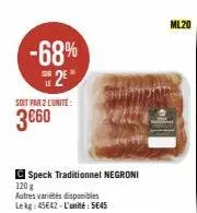 -68%  se 2€  le  soit par 2 l'unite:  3€60  speck traditionnel negroni  120 g  autres variétés disponibles lekg: 45642-l'unité: se45  ml20  