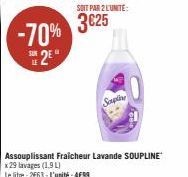 -70%  2⁹*  SOIT PAR 2 L'UNITE:  3€25  Assouplissant Fraicheur Lavande SOUPLINE x 29 lavages (1.9 l)  Le litre: 2663-L'unité: 499  Sempline 