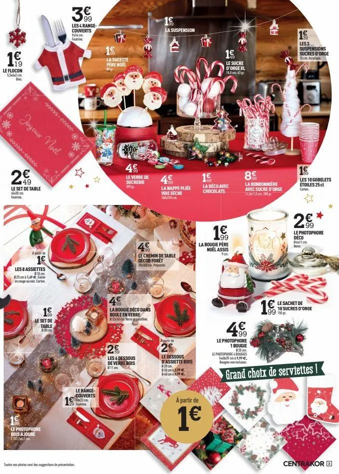 19  le flocon 5.5x2 cm  joyeux noël  20  le set de table  45x30 cm. feutrine.  à partir de  1€  les 8 assiettes  818 cm.  023cm à 1,49 € existe  en rouge ou noir. carton  les 4 range-couverts 9x16cm. 