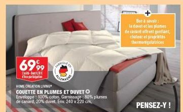 6999  L'i fico-participation  HOME CREATION LIVING  COUETTE EN PLUMES ET DUVET O Enveloppe: 100% coton. Garnissage: 80% plumes de canard, 20% duvet, Env. 240 x 220 cm,  Bon à savoir:  le dovet et les 