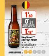 1.69 0.51  CRENTES S CARTOF  TO 1.18  Bière blonde*** CUVEE DES TROLLS 7% vol.  La bouteille de 25 d Soitle:6,76€  AMERTUME: 0 