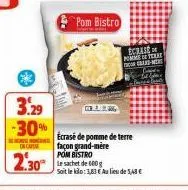 3.29 -30%  encamise  2.30  pom bistro  ecrase pometert grand-ment  ecrasé de pomme de terre façon grand-mère pom bistro  le sachet de 600 g  soit le kilo: 3,83 € au lieu de 5,48 € 