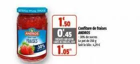 andros noth  fraises  -30%  1.50  0.45 andros  carl pot de 150 g soitla kilo: 4,29 €  1.05  confiture de fraises  -30% de sucres 
