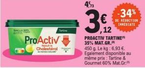 ProActiv  Cholestérol  -34% € REDUCTION  IMMEDIATE  3€ 22  12  PROACTIV TARTINE 35% MAT.GR. 450 g. Le kg: 6,93 €. Egalement disponible au même prix: Tartine & Gourmet 60% Mat. Gr. 