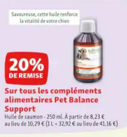 20% de remise  Sur tous les compléments alimantaires Pet Balance Support