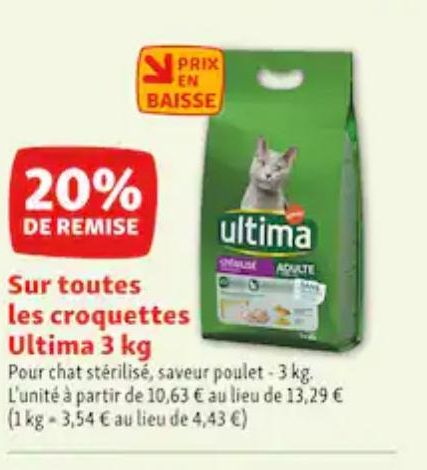 20% de remise sur toutes les croquettes Ultima 3kg