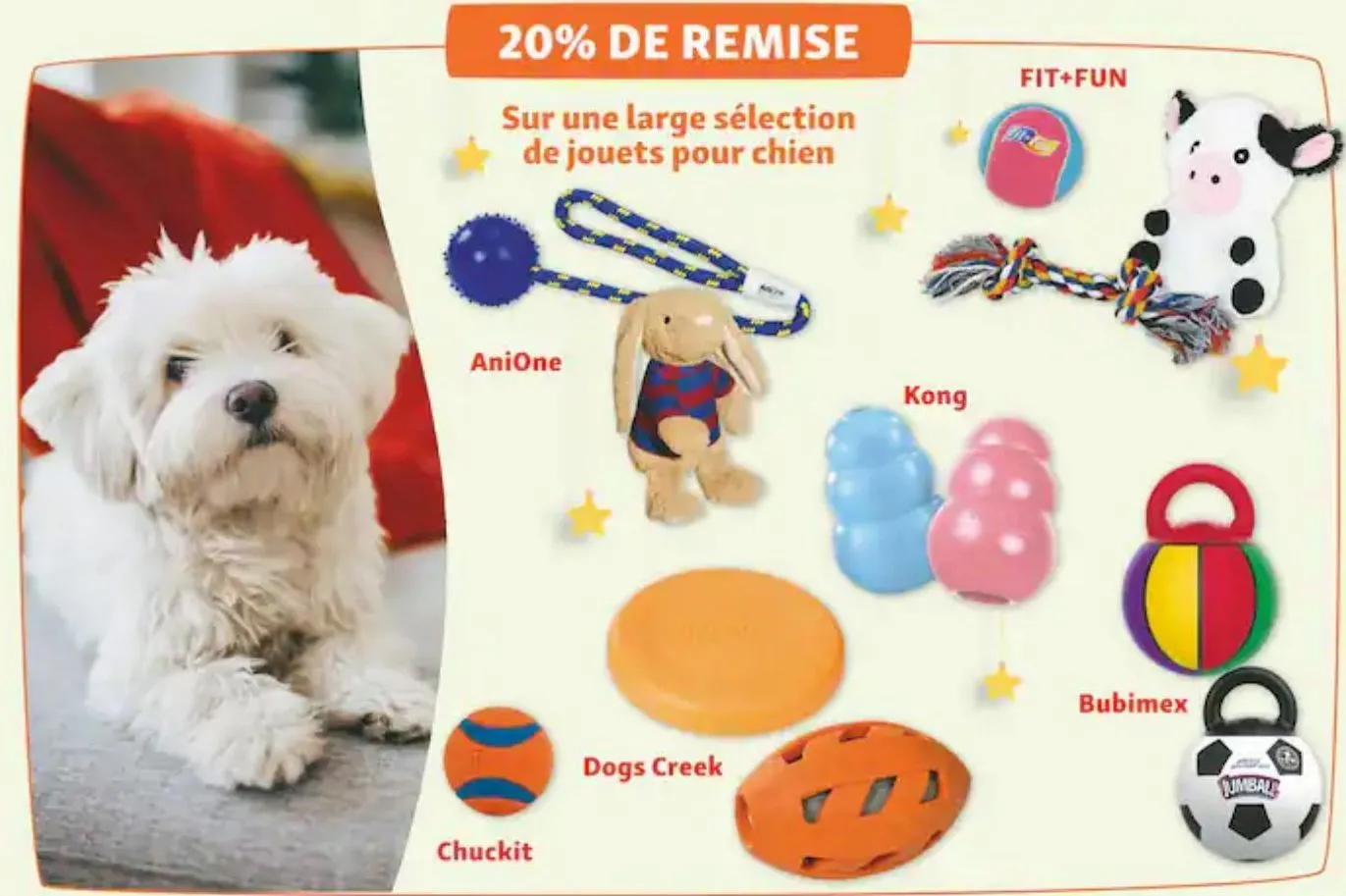 20% de remise sur une large selection de jouets pour chien