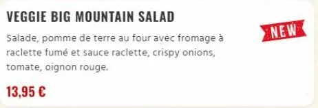 veggie big mountain salad  salade, pomme de terre au four avec fromage à raclette fumé et sauce raclette, crispy onions, tomate, oignon rouge.  13,95 €  new 