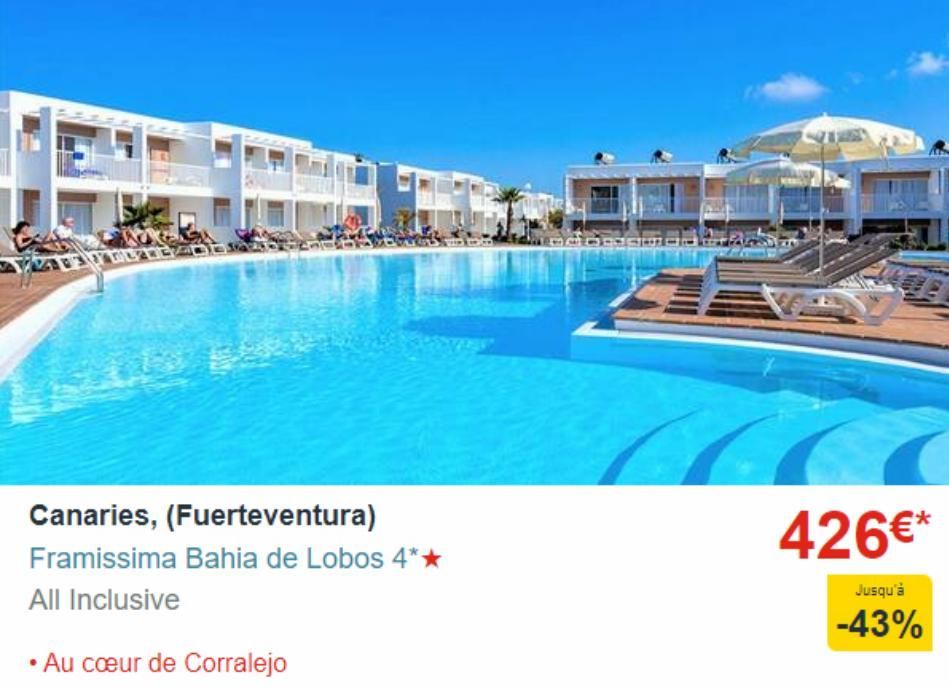 Canaries, (Fuerteventura)  Framissima Bahia de Lobos 4*★  All Inclusive  • Au cœur de Corralejo  426€*  Jusqu'à  -43%  