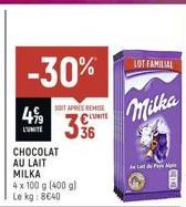 SOIT APRES REMISE  499 CUTE 336  CHOCOLAT  AU LAIT  MILKA  4 x 100 g (400 g) kg: 8€40  Le  LOT FAMILIAL  Milka  Ag  BETE 