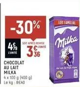 4⁹9  l'unite  -30%  chocolat au lait milka  4 x 100 g (400 g) le kg: 8€40  soit apres remise lite  356  lot familial  alpa 
