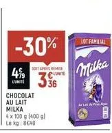 499  chocolat  au lait  soit apres remise  cute  milka  4 x 100 g (400 g) kg: 8€40  le  336  lot familial  milka  alpa  dete 