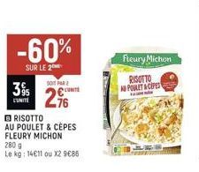 L'UNITE  -60%  SUR LE 2  SOIT PAR  2⁹6  UNITE  RISOTTO  AU POULET & CÈPES FLEURY MICHON  280 g  Le kg: 14€11 ou X2 9€85  Fleury Michon  RISOTTO  A POULET & CEPES 