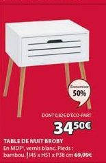 Economie  50%  DONT 0,82€ D'ÉCO-PART  3450€  TABLE DE NUIT BROBY En MDF, vernis blanc. Pieds: bambou. 145 x H51 x P38 cm 69,99€ 