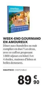 smartbox  week-end gourmand en amoureux  diner aux chandelles ou nuit complice en duo? les deux, avec ce coffret proposant 1800 séjours en hôtel 3 et 4 étoiles, maisons d'hôtes et belles demeures.  sm