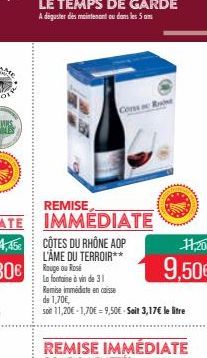 Conso R  REMISE  IMMAMMÉDIATE  COTES DU RHÔNE AOP L'ÂME DU TERROIR** Rouge ou Rosé  La fontaine à vinde 31 Remise immédiate en caisse  de 1,70€,  soit 11,20€ -1,70€ = 9,50€-Soit 3,17€ le litre  11,20€