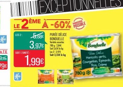 LE  LES 2:  SOIT L'UNITÉ:  2ÈME À -60%  5,68€ PURÉE DÉLICE  3,97€  BONDUELLE Variés assaites 780g: 2,84€ Soit 3,65€ le kg Les 2:3,97€  Seit 2,55€ le kg  1.99€  PANACHAGE  POSSIBLE  Q  780g  Bonduelle 