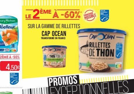 4,50€  PECHE DURABLE  2ÈME À -60%  SUR LA GAMME DE RILLETTES  CAP OCEAN  TRANSFORME EN FRANCE  Xchan  THON FETA  PANACHAGE  POSSIBLE  CAP OCEAN RILLETTES  DE THON  PICHE DURABLE MSC  W  d 