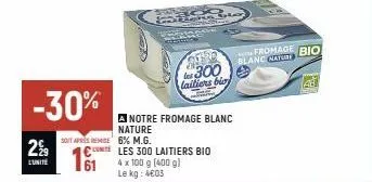 229  l'unité  -30%  soit apres remise 6% m.g.  shop san ben  eston  kos  cles 300 laitiers bio  4 x 100 g (400 g) le kg: 4€03  a notre fromage blanc nature  300 laitiers bio  s  fromage bio blanc catu