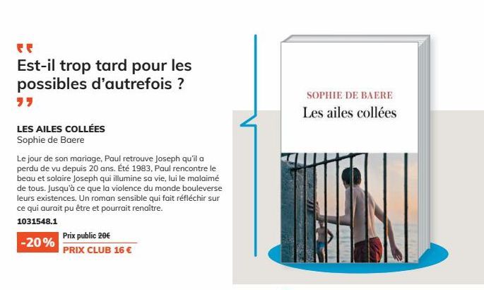 Est-il trop tard pour les possibles d'autrefois ?  ""  LES AILES COLLÉES Sophie de Baere  Le jour de son mariage, Paul retrouve Joseph qu'il a perdu de vu depuis 20 ans. Été 1983, Paul rencontre le be