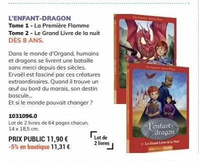 l'enfant-dragon  tome 1 - la première flamme tome 2 - le grand livre de la nuit dès 8 ans.  dans le monde d'organd, humains et dragons se livrent une bataille sans merci depuis des siècles. ervaël est