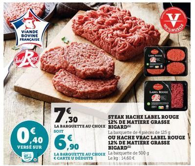 VIANDE BOVINE FRANÇAISE  R  0.40 6.90  €  VERSÉ SUR  7,30  LA BARQUETTE AU CHOIX BIGARD SOIT  LA BARQUETTE AU CHOIX <CARTE U DÉDUITS  LABELBOOGE  STEAK HACHE LABEL ROUGE 12% DE MATIERE GRASSE  La barq