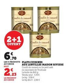 Rinam Confit de canard  2+1  OFFERT  2,23  LE PRODUIT AU CHOIX  6,70  LES 3 PRODUITS PLATS CUISINES  AU CHOIX SOIT  Confit de canard  Rii  Confit de canard  AUX LENTILLES MAISON RIVIERE  Contit de can