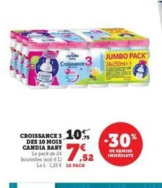 10%  croissance 3 des 10 mois candia baby le pack de 24 bouteilles (soit 6l ,52  lel 125€ le pack  croissance  jumbo pack 24x250ml  -30%  de remise immediate  