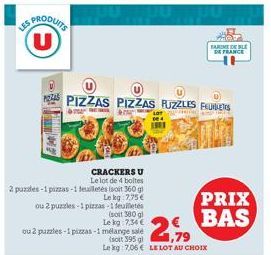 ES PRODUITS  ZA PIZZAS PIZZAS PUZZLES FUNERS  T  CRACKERS U  Le lot de 4 boltes  2 puzdes-1 pizzas-1 feuilletés (soit 360 gl  Lekg: 7,75€  ou 2 puzzles-1 pizzas -1 feuilletés  (soit 380 g  Le kg 7,34 