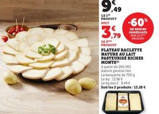 9,49  LE1 PRODUIT SOIT  3,79  LE 2 PRODUIT  PLATEAU RACLETTE  NATURE AU LAIT  PASTEURISÉ RICHES MONTS  A partir de 25% MG dans le produit fini  La barquette de 700 g  Le kg: 13,56 €  Le kg des 2:9,49 