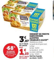 -68%  DE REMISE IMMEDIATE SUR LE PACK AU CHOLE  Alice  Charles Alice  Al  Sans Sucres A  Format minal  Format  Famnitial  3,87  DESSERT DE FRUITS SANS SUCRES AJOUTES CHARLES & ALICE Variétés au choix 