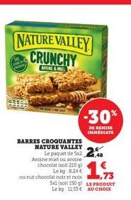 NATURE VALLEY CRUNCHY  AVOINE&MIEL  BARRES CROQUANTES NATURE VALLEY 24 Le paquet de 5x2.48  Avoine miel ou avoine chocolat (soit 210 g) Le kg:8,24 €  ,73  ou nut chocolat noir et noix 5xd (soit 150 g)