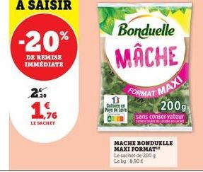 -20%  DE REMISE IMMÉDIATE  20  1.76  LE SACHET  1 Calvin Pays de Loire  Bonduelle  MACHE  FORMAT  MAXI  200g  sans conservateur  Le sachet de 200 g  Le kg: 8,80 €  MACHE BONDUELLE  MAXI FORMAT 