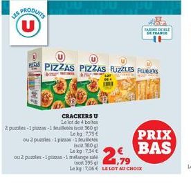 ES PRODUITS  ZA PIZZAS PIZZAS PUZZLES FUNERS  T  CRACKERS U  Le lot de 4 boltes  2 puzdes-1 pizzas-1 feuilletés (soit 360 gl  Lekg: 7,75€  ou 2 puzzles-1 pizzas -1 feuilletés  (soit 380 g  Le kg 7,34 
