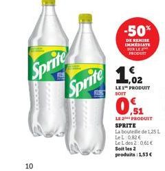 10  Sprite Sprite  -50%  DE REMISE IMMEDIATE SUR LE PRODUIT  1.2  LE 1 PRODUIT SOIT  ,51  LE2PRODUIT SPRITE  La bouteille de 1,25 L LeL: 0,82 € Le L des 2:0,61 € Soit les 2 produits: 1,53 € 