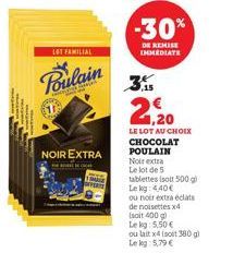 LOT FAMILIAL  Poulain  Bouy  NOIR EXTRA  3.5  -30%  DE KEMISE IMMEDIATE  2,20  LE LOT AU CHOIX CHOCOLAT POULAIN Noir extra Le lot de 5 tablettes (soit 500 g) Leg g 4,40€  ou noir extra éclats de noise