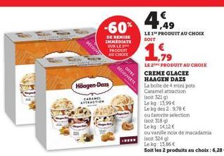 -60%  DE REMISE INMEDIATE SUR LE PRODUIT AU CHOLE  Häagen-Dars  CARAMEL ATTRACTION  4,9  LE 1 PRODUIT AU CHOIX  SOIT  1.99  LE 2¹ PRODUIT AU CHOIX  DECOUVERTE OFFRE  CREME GLACEE HAAGEN DAZS  La boite