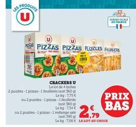 ES PRODUITS  ZA PIZZAS PIZZAS PUZZLES FUNERS  T  CRACKERS U  Le lot de 4 boltes  2 puzdes-1 pizzas-1 feuilletés (soit 360 gl  Lekg: 7,75€  ou 2 puzzles-1 pizzas -1 feuilletés  (soit 380 g  Le kg 7,34 