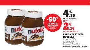 nute  nutello  4.936  -50%LE PRODUIT  DE REMISE IMMEDIATE SUR LE PRODUIT  SOIT  21,18  LE PRODUIT  PATE A TARTINER NUTELLA  Le pot de 750 g  Le kg: 5,81 €  Le kg des 2:4,36 €  Soit les 2 produits: 6,5