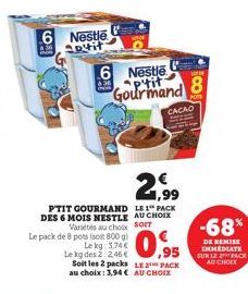 6 Nestle aptit  Le pack de 8 pots (soit 800 g)  Le kg: 3,74 €  430  6 Nestle Gourmand  21.99  SOFT  PTIT GOURMAND LE PACK DES 6 MOIS NESTLE AU CHOIX Variétés au choix  Soit les 2 packs LE PACK au choi