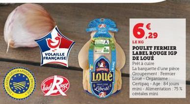 OOR  QUE PRO  VOLAILLE FRANÇAISE  Whe  A  ERMIERS  Loué  P  Liberté  6,29  LE KO  POULET FERMIER LABEL ROUGE IGP  DE LOUE  Prêt à cuire  La barquette d'une pièce Groupement Fermier Loue- Organisme: Ce