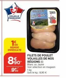 volaille française  1%  remise immédiate  8%  8⁹0  9%  volatels regions!  filets de poulet volailles de nos régions (a) blanc ou jaune  voir sélection en magasin  1 kg  soit le kg: 8,90 € 