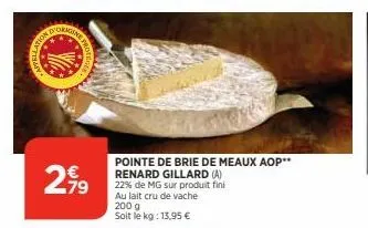 2,99  79  pointe de brie de meaux aop**  renard gillard (a) 22% de mg sur produit fini au lait cru de vache 200 g soit le kg: 13,95 € 